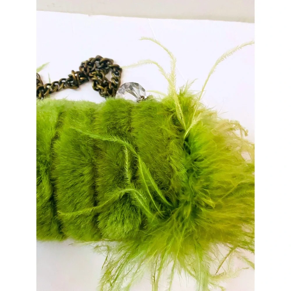 Olive Green Feather-Trim Fur Clutch with Chain Strap